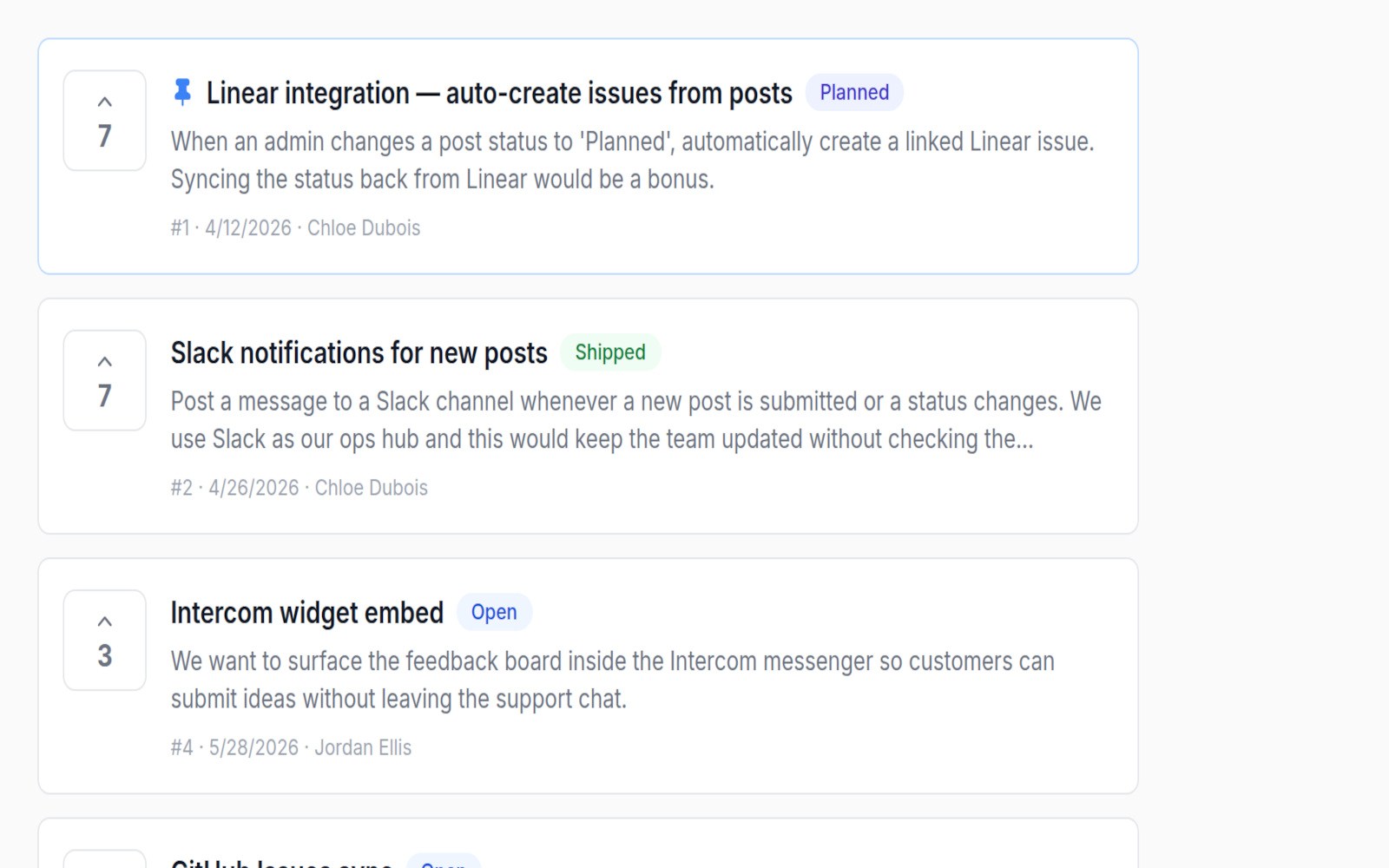 OpenCan feedback board with posts, voting counts, and status badges